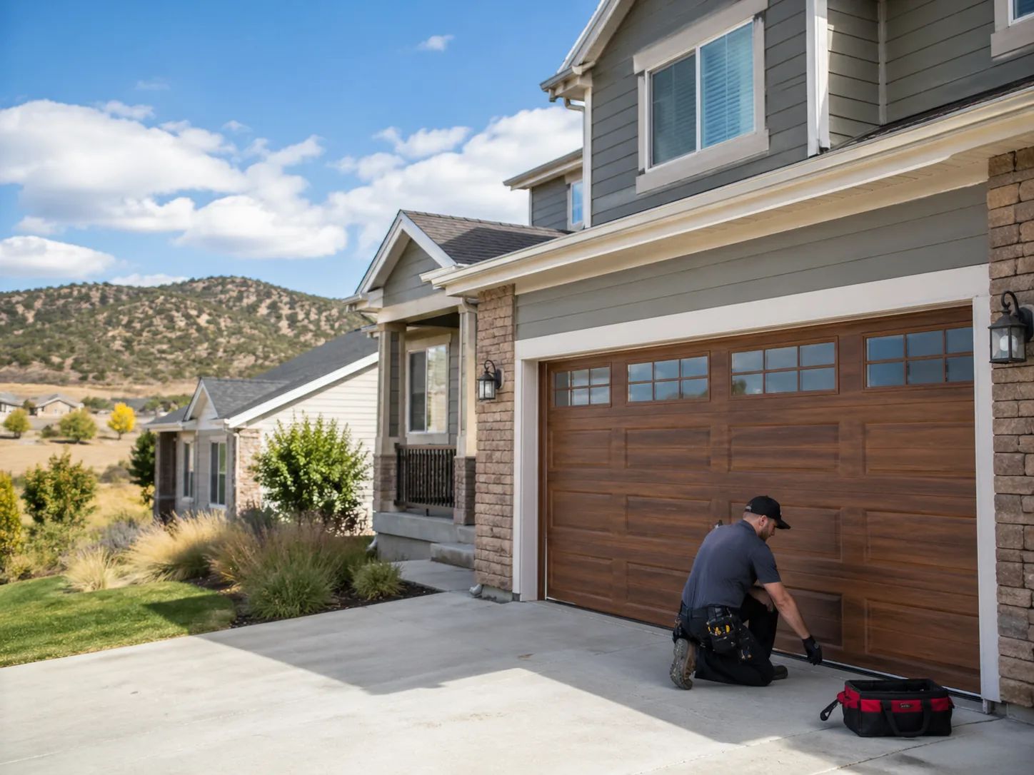 Technician installing replacement wood-look garage door in Lone Tree