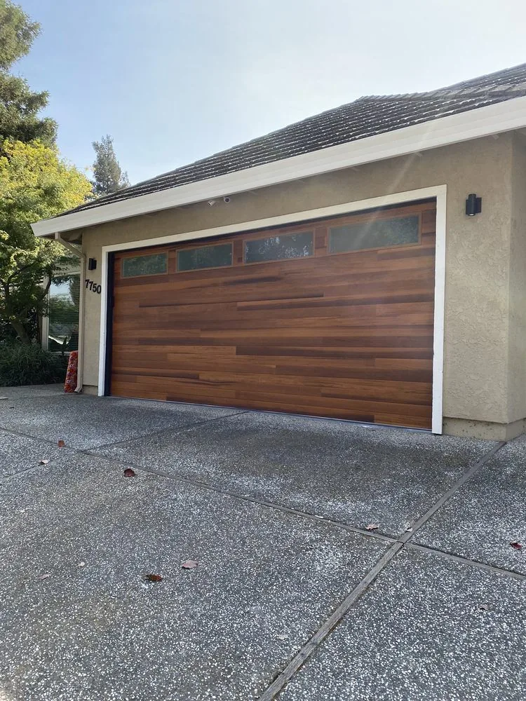 Garage door installation Parker modern wood horizontal-panel garage door with upper windows