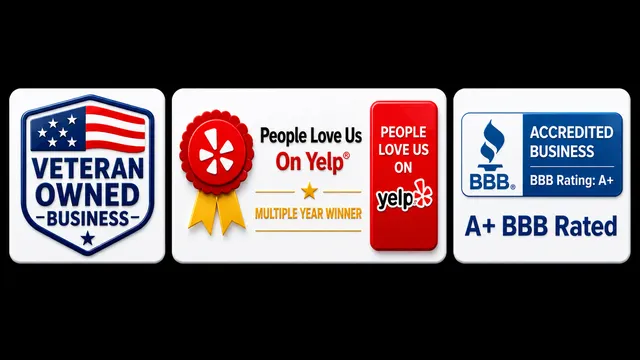 Veteran Owned business, Yelp People Love Us award, and BBB A+ accredited business